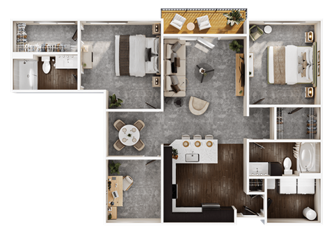 Floor plan for 2 beds, 2 baths, 1291 sqft